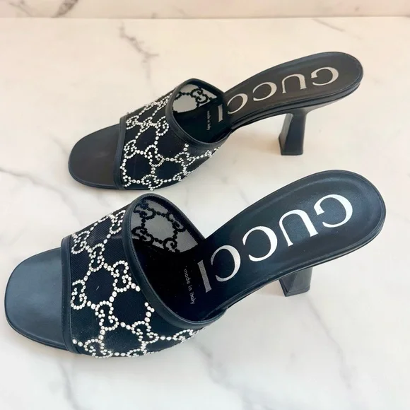 Gucci Black Demi Mesh Crystal Sandal Heels 38 - Picture 4 of 7